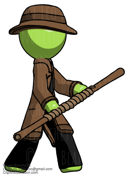 Green Detective Man Holding Bo Staff In Sideways Defense Pose #2090