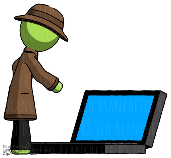 Green Detective Man Using Large Laptop Computer Side Orthographic View #2092