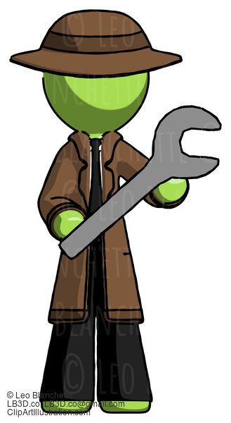 Green Detective Man Holding Large Wrench With Both Hands #2097