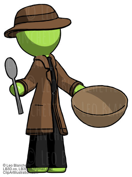 Green Detective Man With Empty Bowl And Spoon Ready To Make Something #2100