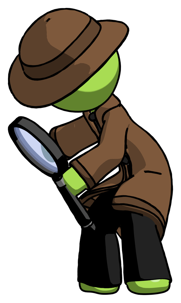 Green Detective Man Inspecting with large magnifying glass left