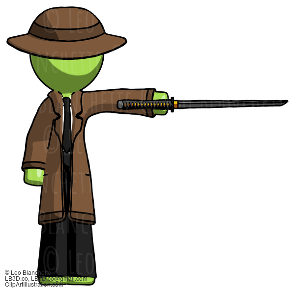 Green Detective Man Standing With Ninja Sword Katana Pointing Right #2105