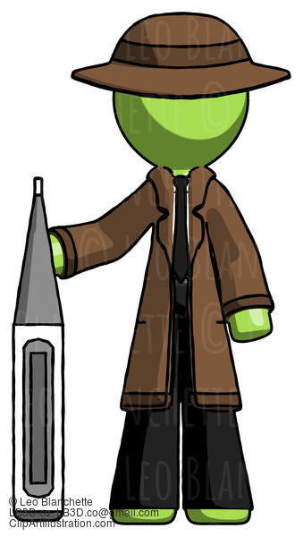 Green Detective Man Standing With Large Thermometer #2106