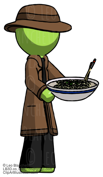 Green Detective Man Holding Noodles Offering To Viewer #2112