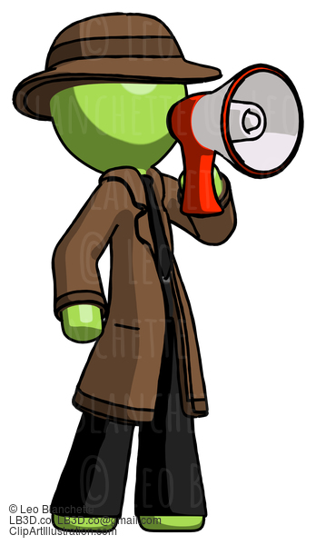 Green Detective Man Shouting Into Megaphone Bullhorn Facing Right #2113