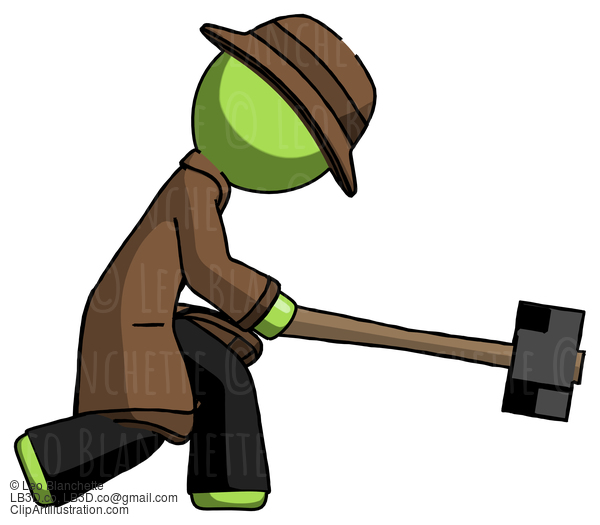 Green Detective Man Hitting With Sledgehammer, Or Smashing Something #2115