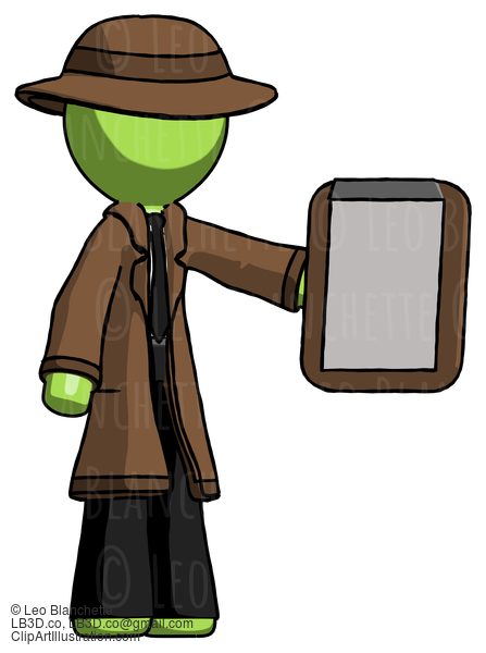 Green Detective Man Showing Clipboard To Viewer #2123