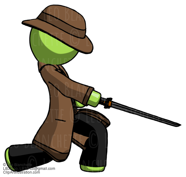 Green Detective Man With Ninja Sword Katana Slicing Or Striking Something #2124