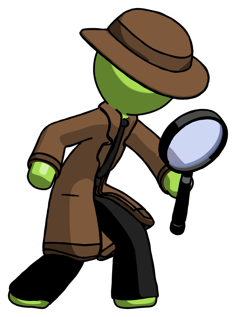 Green Detective Man Inspecting with large magnifying glass right