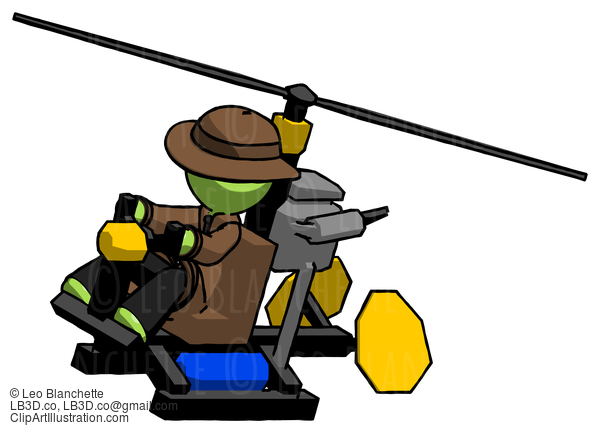 Green Detective Man Flying In Gyrocopter Front Side Angle Top View #2129