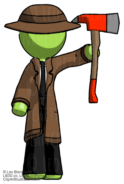 Green Detective Man Holding Up Red Firefighter’S Ax #2130