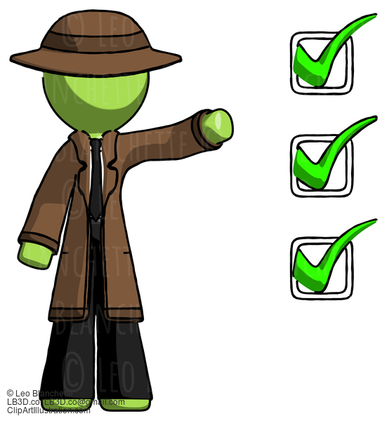 Green Detective Man Standing By List Of Checkmarks #2132