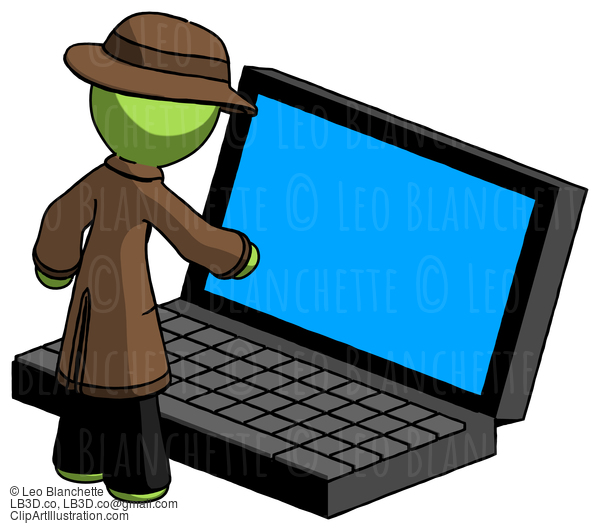 Green Detective Man Using Large Laptop Computer #2133