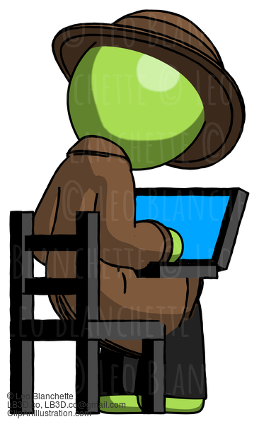 Green Detective Man Using Laptop Computer While Sitting In Chair View From Back #2135