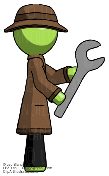 Green Detective Man Using Wrench Adjusting Something To Right #2141