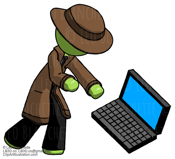 Green Detective Man Throwing Laptop Computer In Frustration #2145