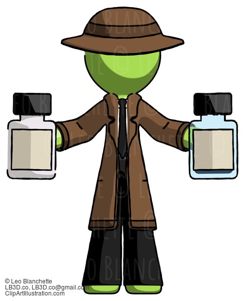 Green Detective Man Holding Two Medicine Bottles #2146