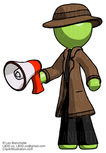 Green Detective Man Holding Megaphone Bullhorn Facing Right #2156