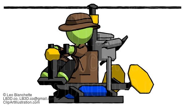 Green Detective Man Flying In Gyrocopter Front Side Angle View #2159