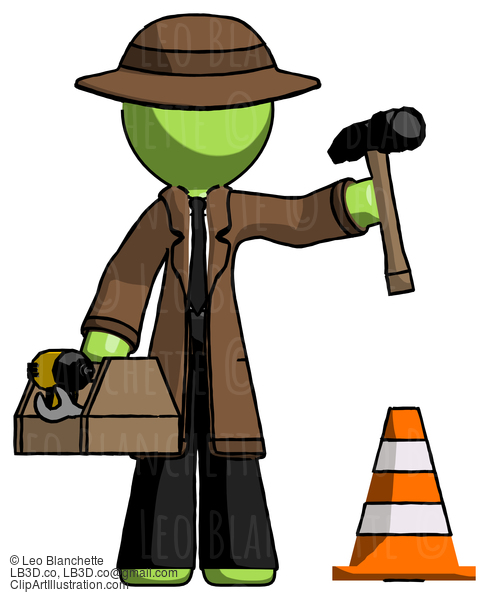 Green Detective Man Under Construction Concept, Traffic Cone And Tools #2163