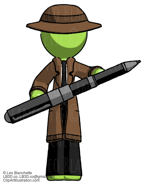 Green Detective Man Posing Confidently With Giant Pen #2167