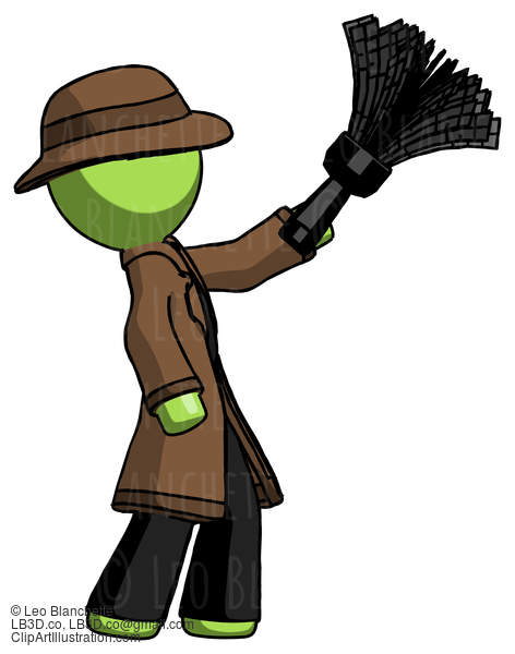 Green Detective Man Dusting With Feather Duster Upwards #2169