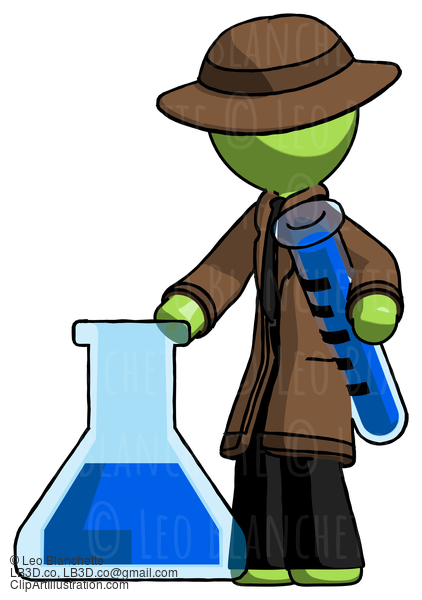 Green Detective Man Holding Test Tube Beside Beaker Or Flask #2170