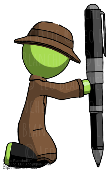 Green Detective Man Posing With Giant Pen In Powerful Yet Awkward Manner. #2171