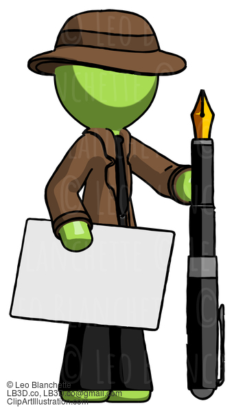 Green Detective Man Holding Large Envelope And Calligraphy Pen #2174