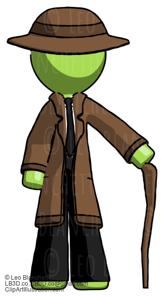 Green Detective Man Standing With Hiking Stick #2175