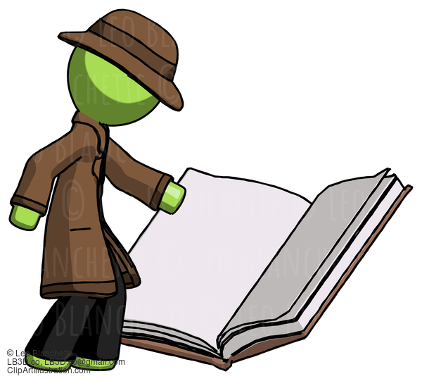 Green Detective Man Reading Big Book While Standing Beside It #2176