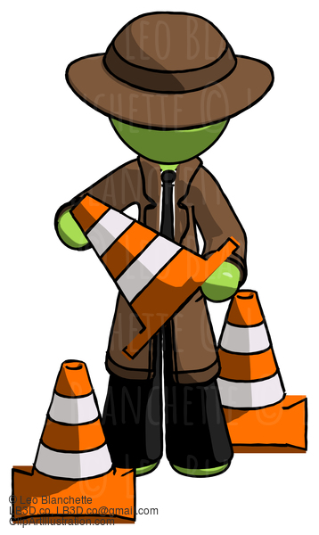 Green Detective Man Holding A Traffic Cone #2177