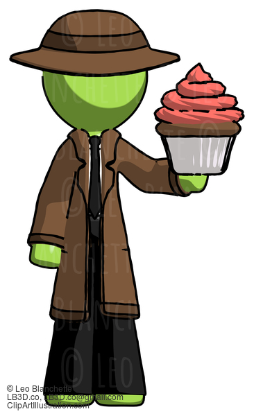 Green Detective Man Presenting Pink Cupcake To Viewer #2179