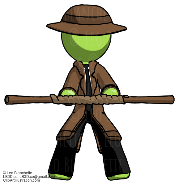 Green Detective Man Bo Staff Kung Fu Defense Pose #2180