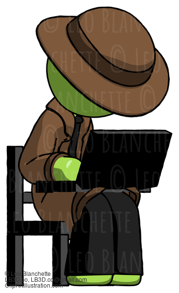 Green Detective Man Using Laptop Computer While Sitting In Chair Angled Right #2182