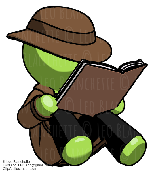 Green Detective Man Reading Book While Sitting Down #2186