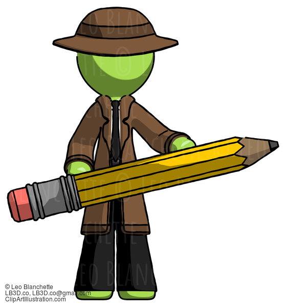 Green Detective Man Writer Or Blogger Holding Large Pencil #2187