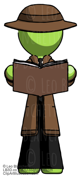 Green Detective Man Reading Book While Standing Up Facing Viewer #2189