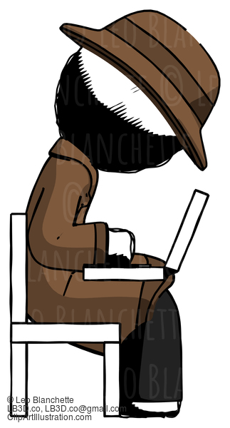 Ink Detective Man Using Laptop Computer While Sitting In Chair View From Side #671