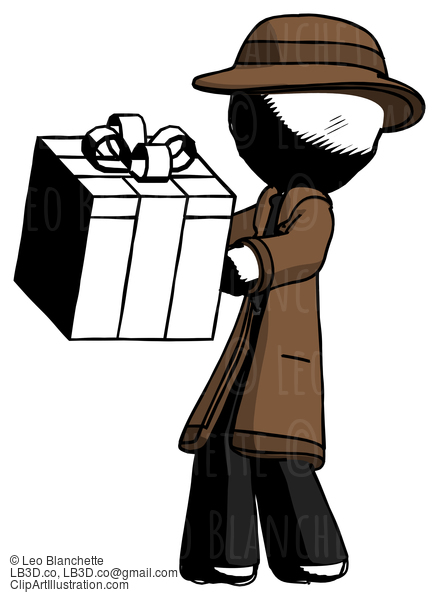 Ink Detective Man Presenting A Present With Large Red Bow On It #688