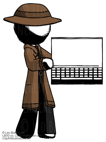 Ink Detective Man Holding Laptop Computer Presenting Something On Screen #723