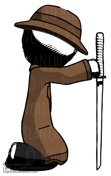 Ink Detective Man Kneeling With Ninja Sword Katana Showing Respect #753