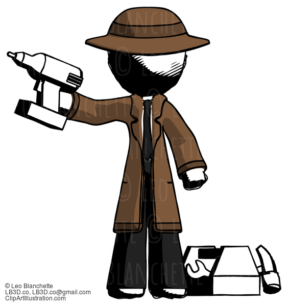 Ink Detective Man Holding Drill Ready To Work, Toolchest And Tools To Right #762