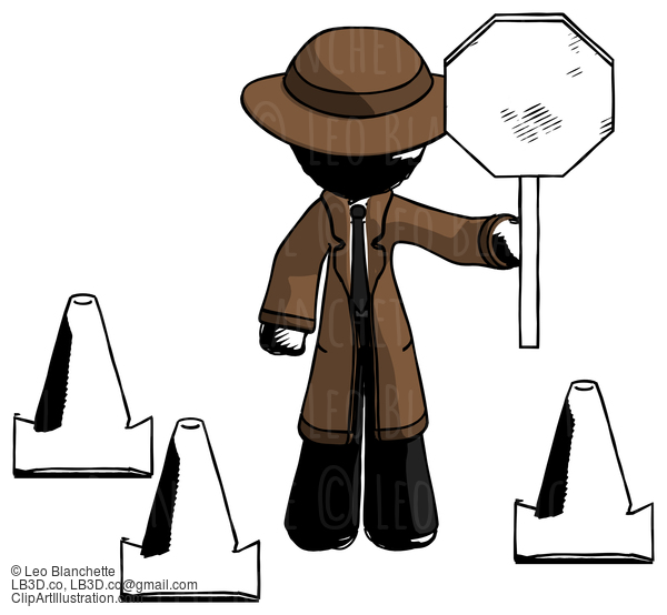 Ink Detective Man Holding Stop Sign By Traffic Cones Under Construction Concept #788