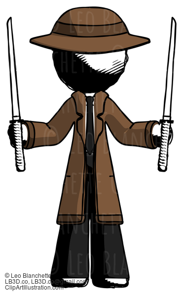 Ink Detective Man Posing With Two Ninja Sword Katanas Up #844