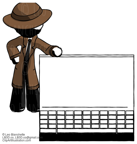 Ink Detective Man Beside Large Laptop Computer, Leaning Against It #870