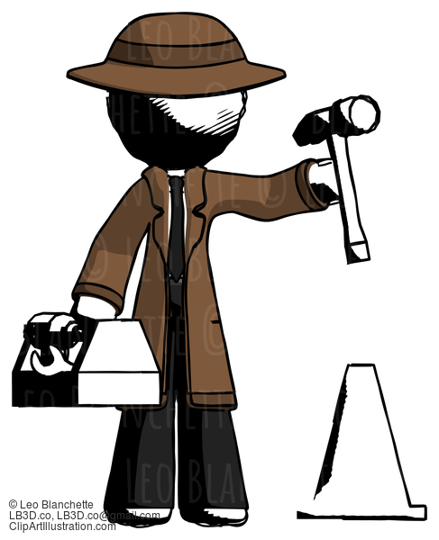 Ink Detective Man Under Construction Concept, Traffic Cone And Tools #923