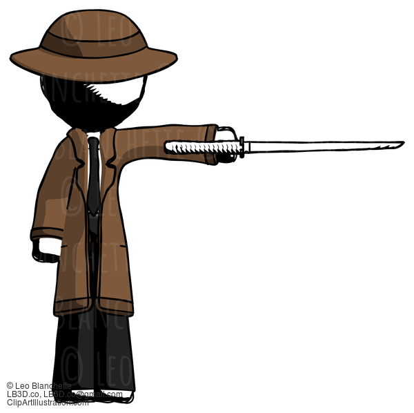Ink Detective Man Standing With Ninja Sword Katana Pointing Right #956