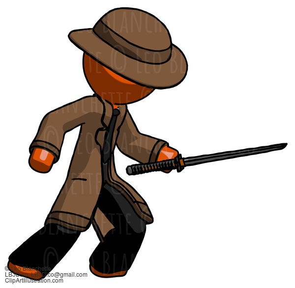 Orange Detective Man Stabbing With Ninja Sword Katana #1284