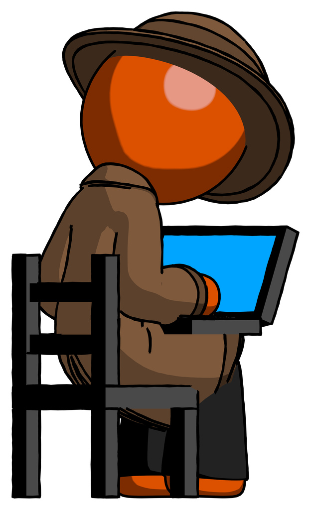 Orange Detective Man using laptop computer while sitting in chair view from back